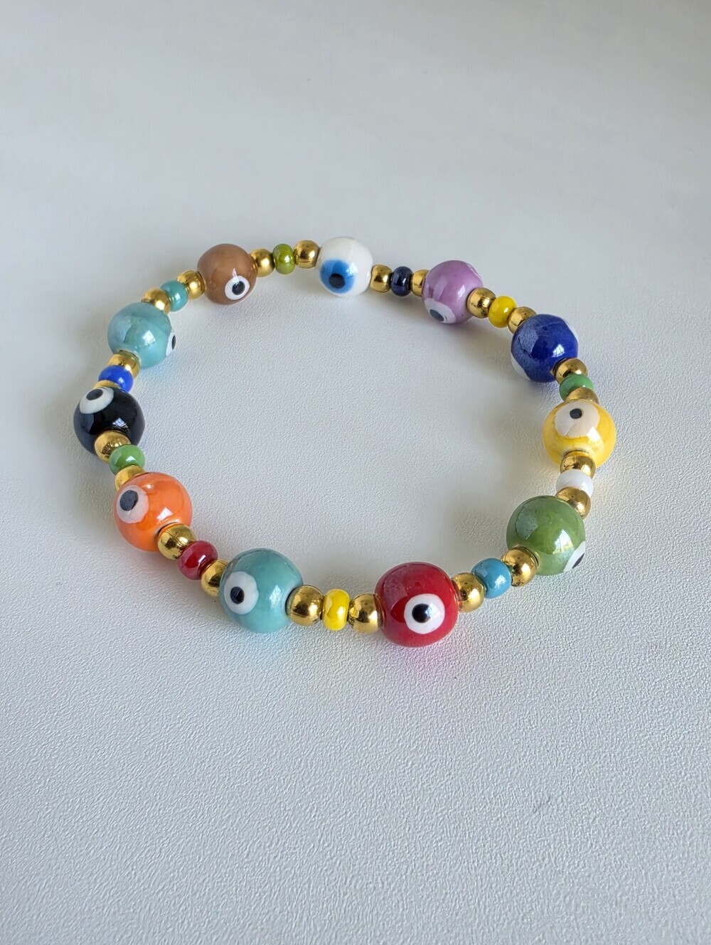 Colorful Evil Eye Ceramic Beaded Stretch Bracelet Gold Tone Elastic Boho